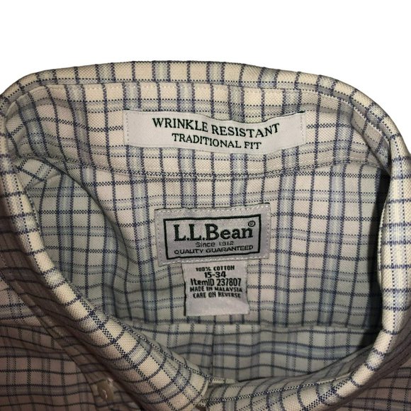 LL BEAN BUTTON SHIRT SZ 15 34 BLUE WHITE PLAID TRADITIONAL FIT COTTON MENS - Picture 3 of 4